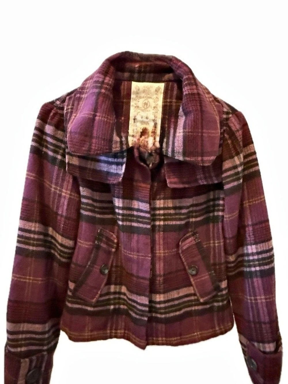 Red Camel Plaid Pea Coat in Purple & Black Size Small